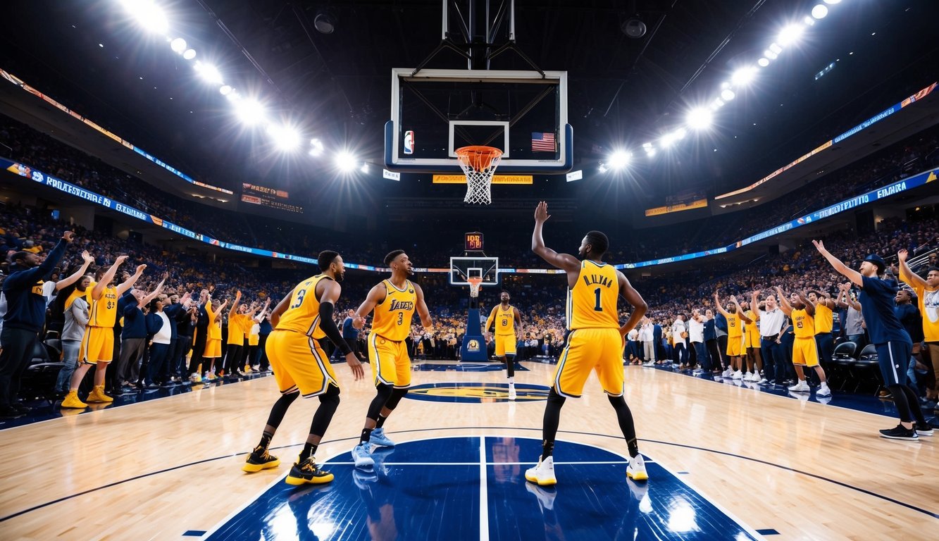 Sebuah lapangan basket dengan dua tim yang bermain, dikelilingi oleh penggemar yang bersorak dan lampu stadion yang terang