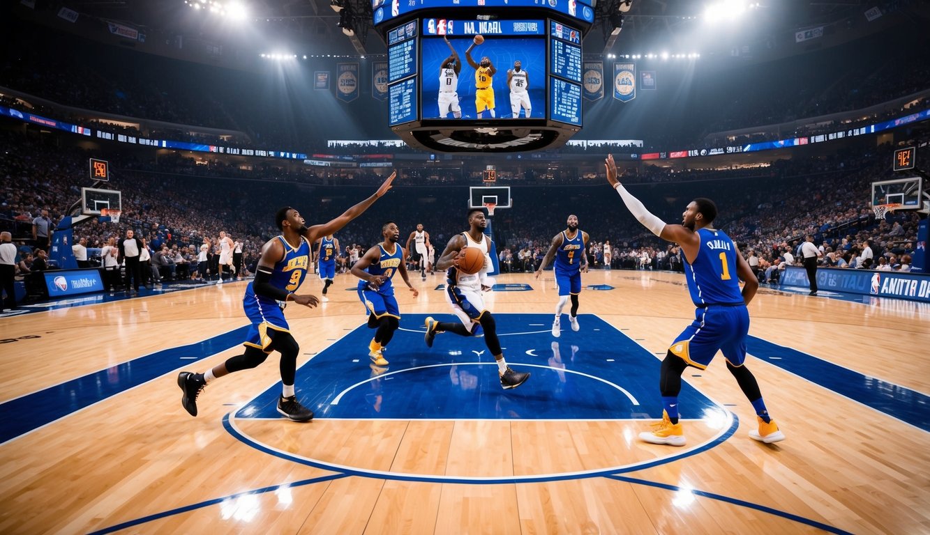 Sebuah lapangan basket dengan pemain yang sedang beraksi, penggemar bersorak, dan papan skor menampilkan tim NBA