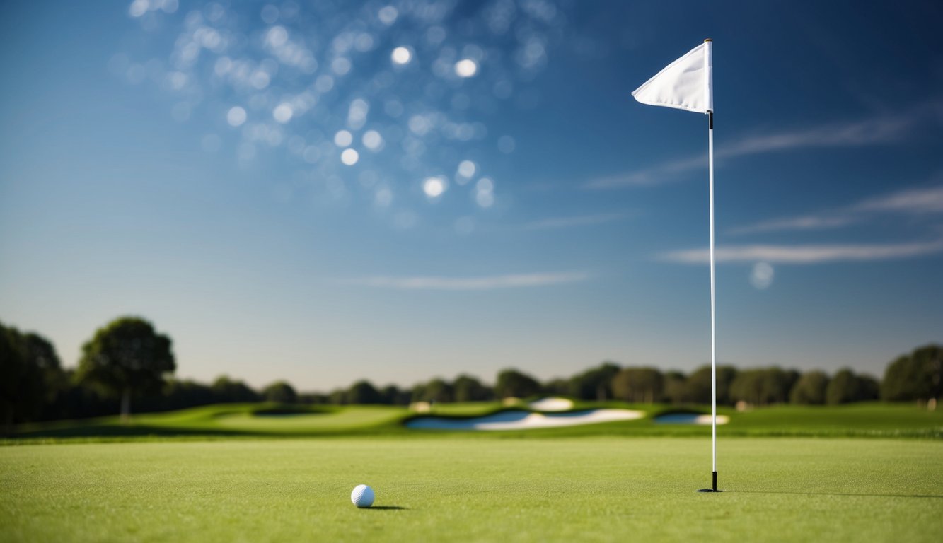 Sebuah lapangan golf dengan jalur hijau subur, langit biru cerah, dan tiang bendera yang menandai lubang