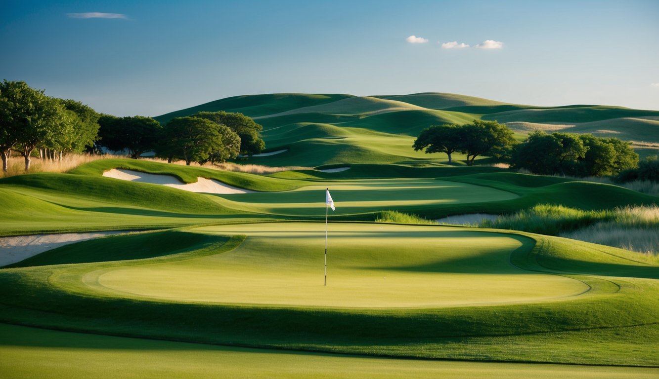 Sebuah lapangan golf yang tenang dengan jalur hijau subur, bukit-bukit yang bergelombang, dan langit biru yang cerah