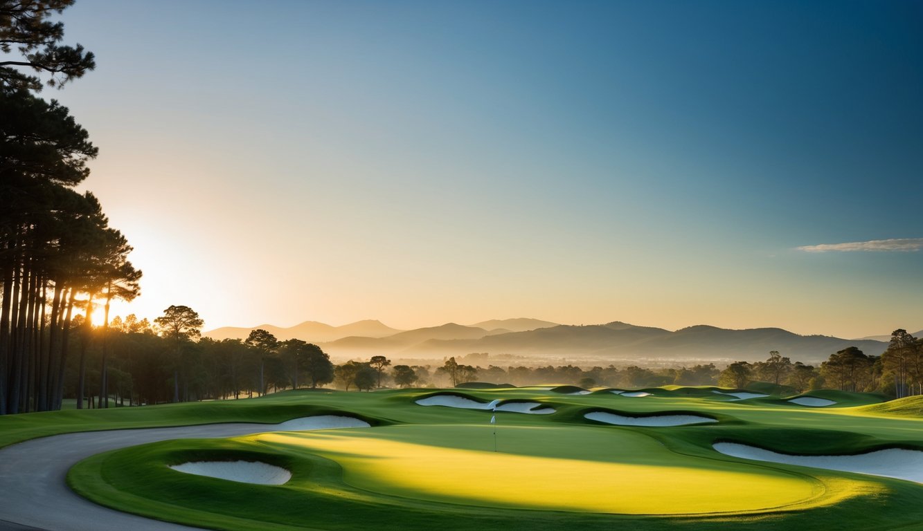 Sebuah lapangan golf saat matahari terbit, dengan jalur hijau subur dan langit biru cerah, dikelilingi oleh pohon-pohon tinggi dan gunung-gunung yang jauh.