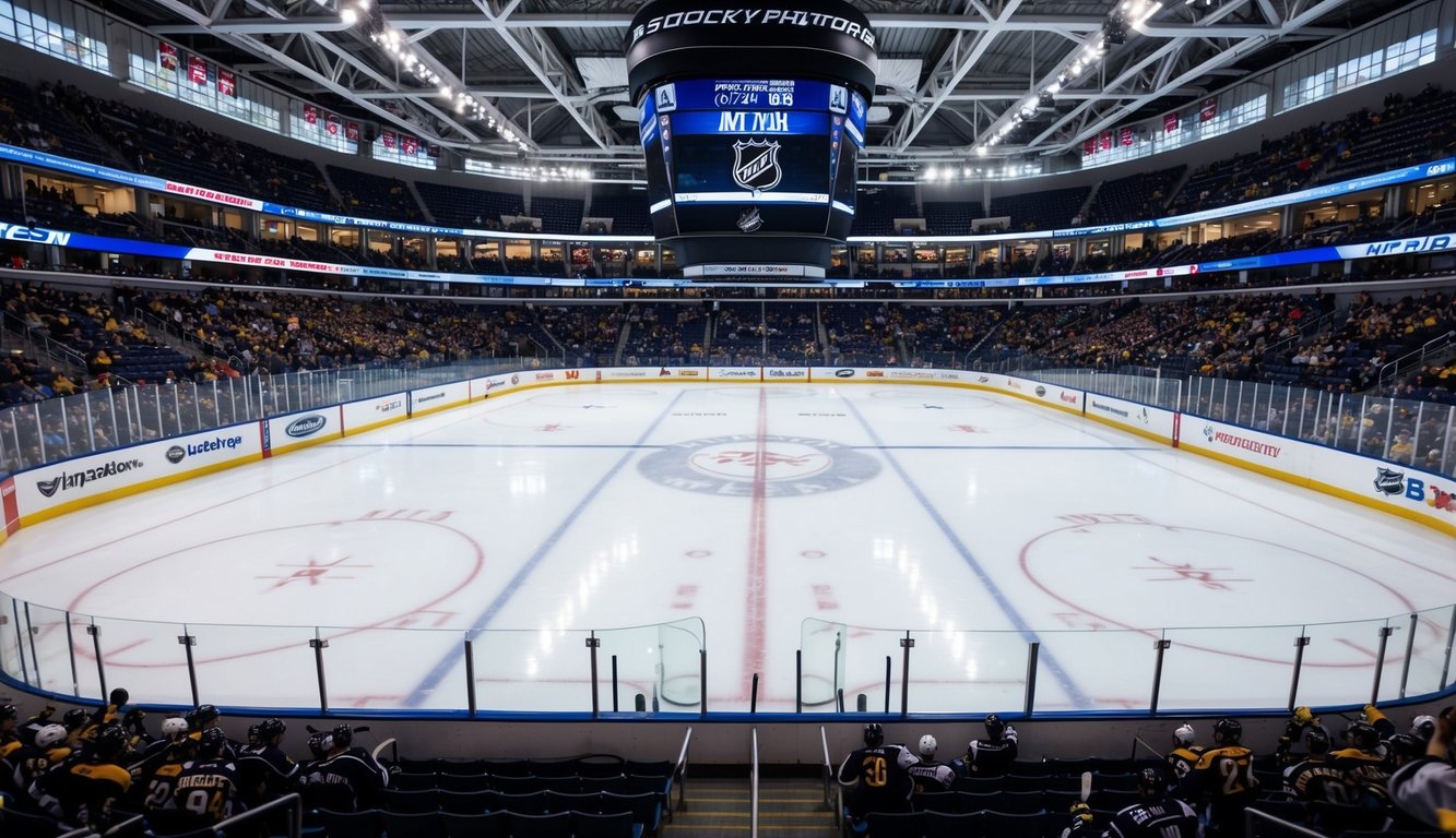 Sebuah arena hoki es dengan tim NHL yang saling berhadapan, dikelilingi oleh penggemar yang bersemangat di tribun