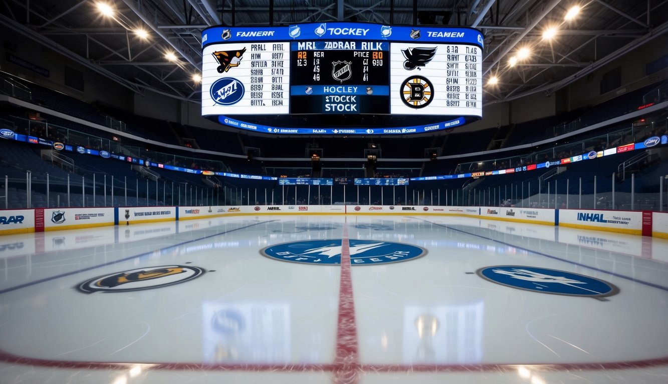 Sebuah arena hoki dengan logo tim NHL dan papan skor yang menampilkan peluang terbaru