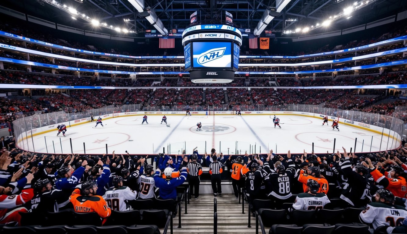 Sebuah arena hoki yang dipenuhi dengan penggemar yang bersorak, pemain yang sedang beraksi, dan wasit di atas es selama pertandingan NHL