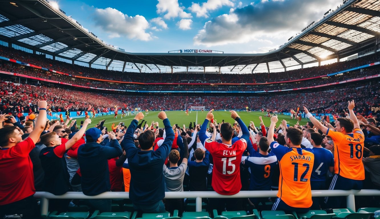 Sebuah stadion olahraga yang ramai dengan penggemar yang bersorak dan pemain yang beraksi