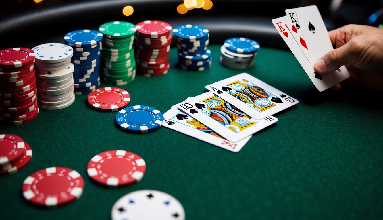 Sekelompok chip poker berwarna-warni tersebar di atas meja felt hijau, dengan kartu yang dibagikan oleh dealer digital.