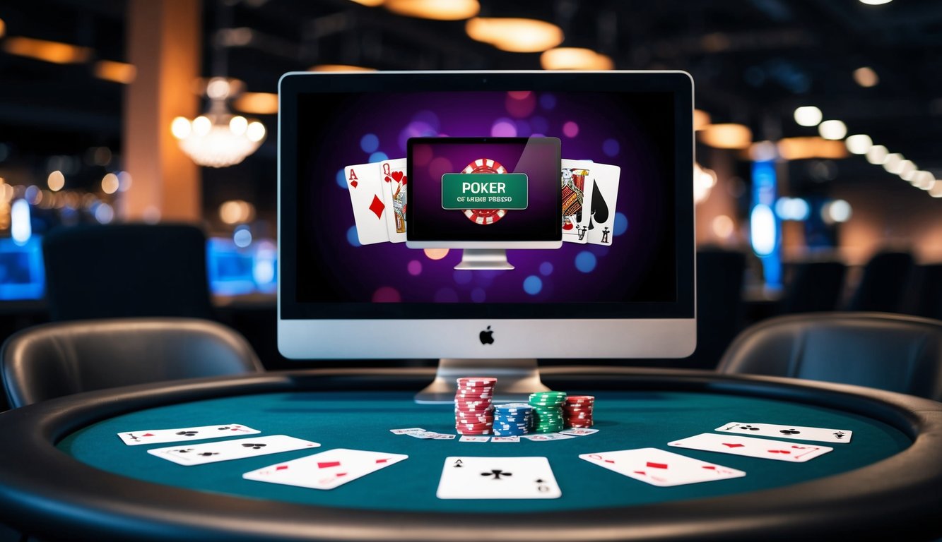 Sebuah meja poker dengan kartu, chip, dan layar komputer yang menampilkan permainan poker online