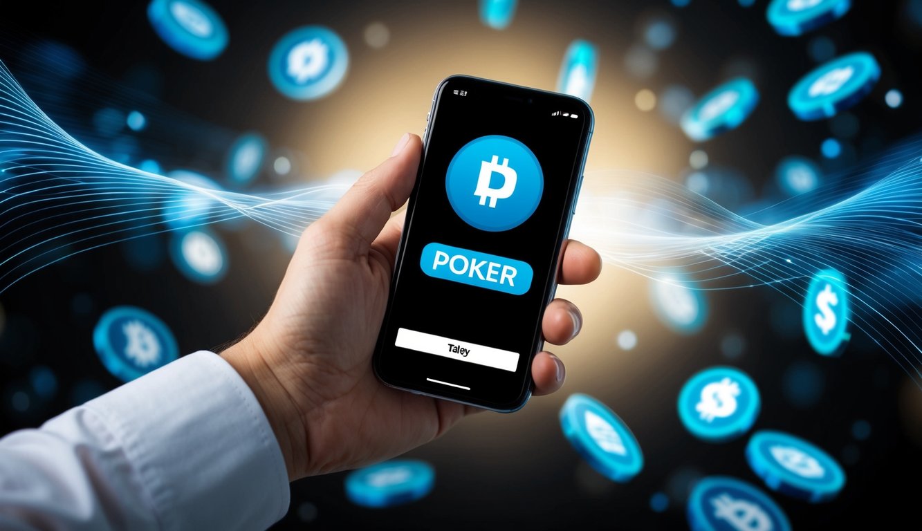 Sebuah tangan memegang smartphone dengan aplikasi poker terbuka, dikelilingi oleh gelombang berdenyut mata uang digital