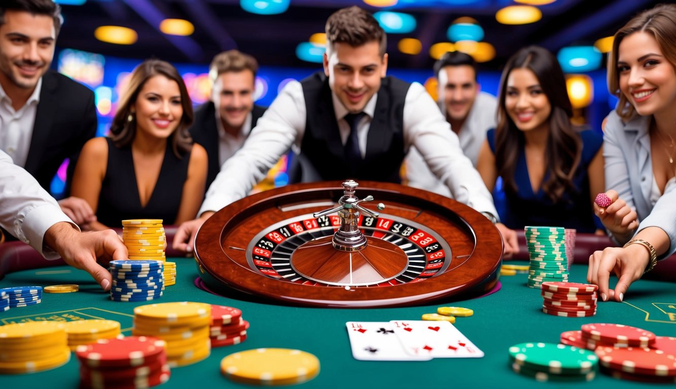 Sebuah suasana kasino online yang hidup dengan chip berwarna-warni, kartu, dan roda roulette dikelilingi oleh pemain yang antusias