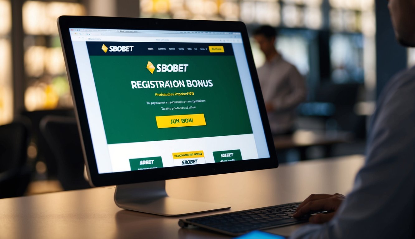 Sebuah layar komputer menampilkan situs web SBOBET dengan tawaran bonus pendaftaran yang mencolok