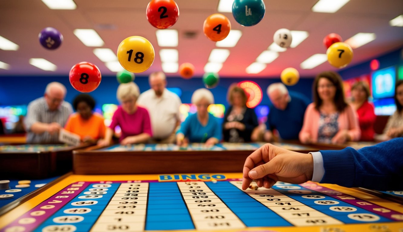 Sebuah aula bingo berwarna-warni dengan bola bernomor di udara, pemain dengan antusias menandai kartu mereka