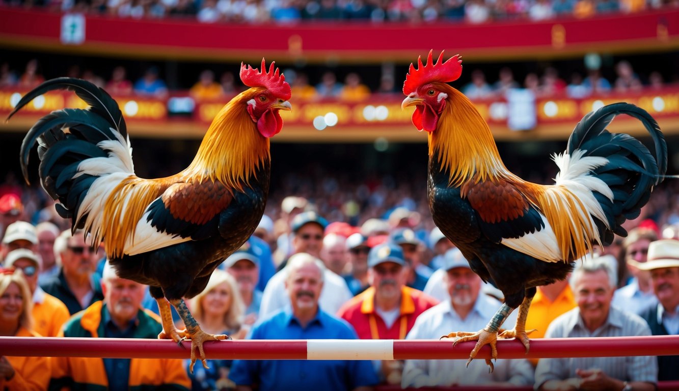 Dua ayam jantan berhadapan di arena yang ramai dan penuh warna, dikelilingi oleh penonton dan bandar taruhan yang antusias