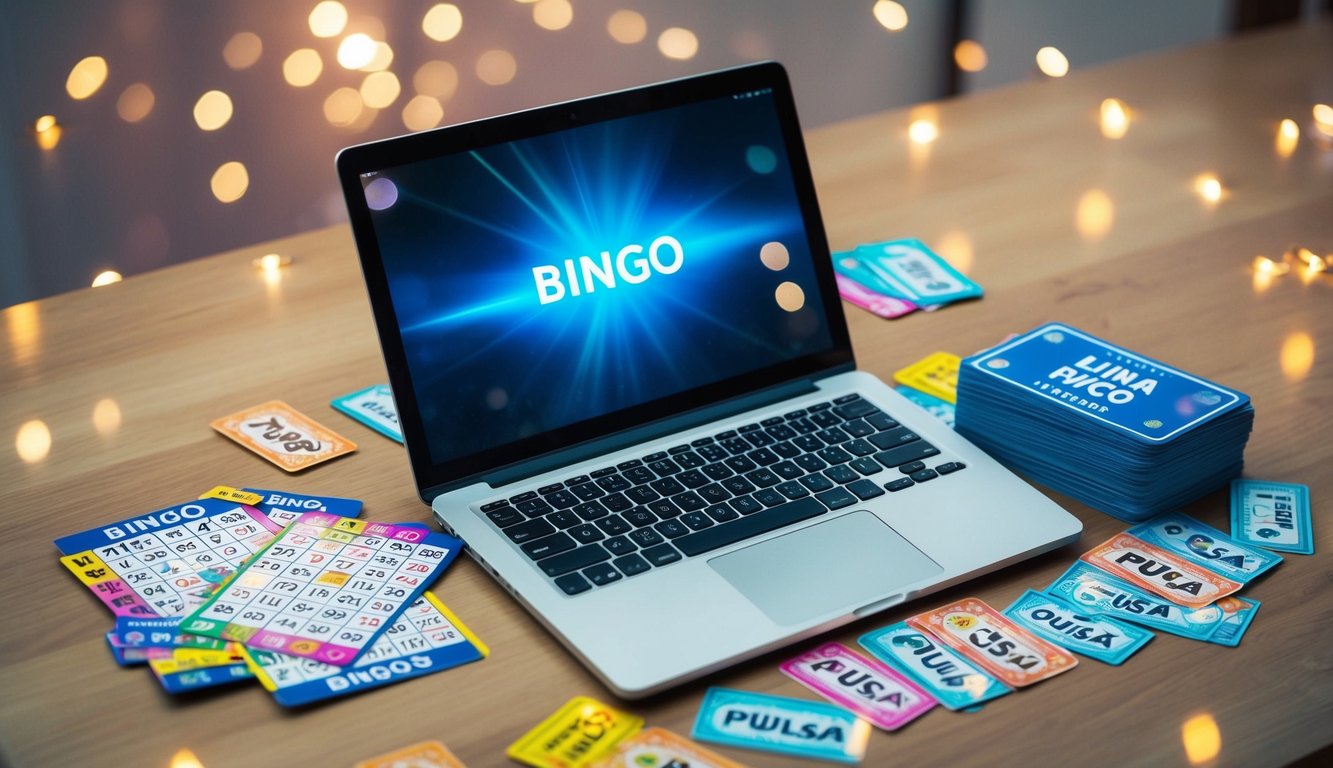 Sebuah laptop dan smartphone dengan layar yang bersinar, dikelilingi oleh kartu bingo berwarna-warni dan tumpukan voucher pulsa