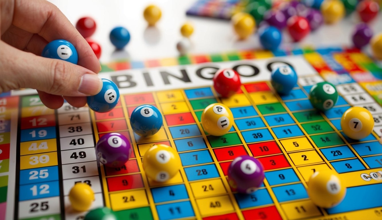 Papan permainan bingo berwarna-warni dengan bola bernomor yang diundi