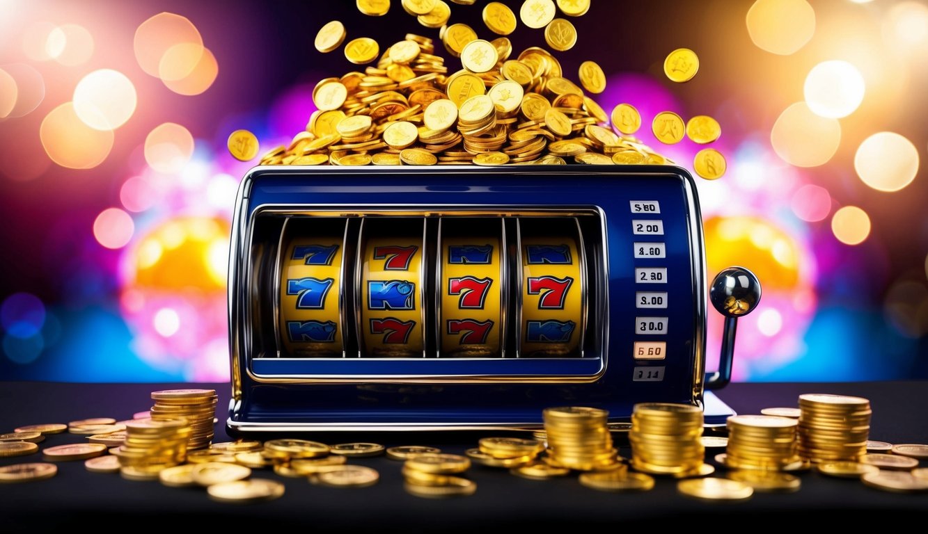 Sebuah mesin slot online yang cerah dengan koin yang mengalir turun dan jackpot yang meledak dengan koin emas