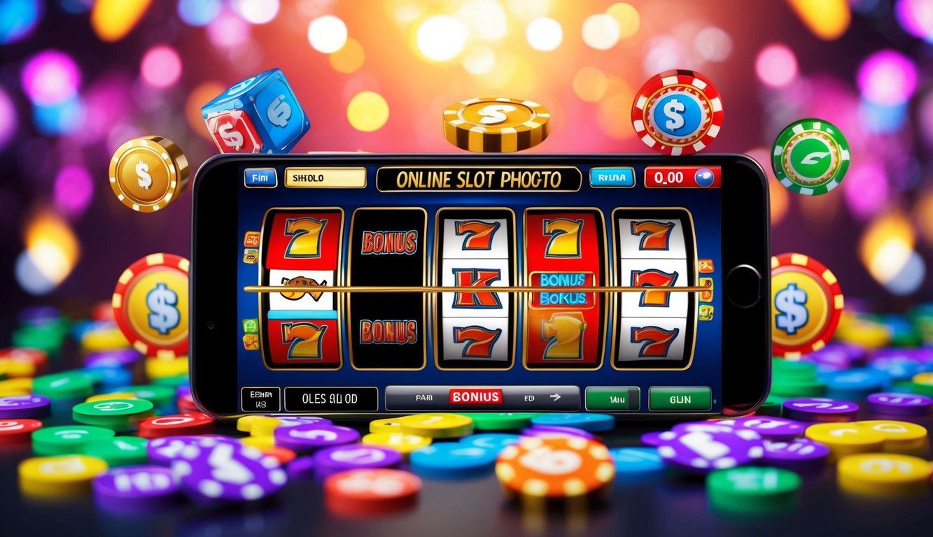 Mesin slot online berwarna-warni dikelilingi oleh simbol bonus yang menggoda dan grafik yang cerah