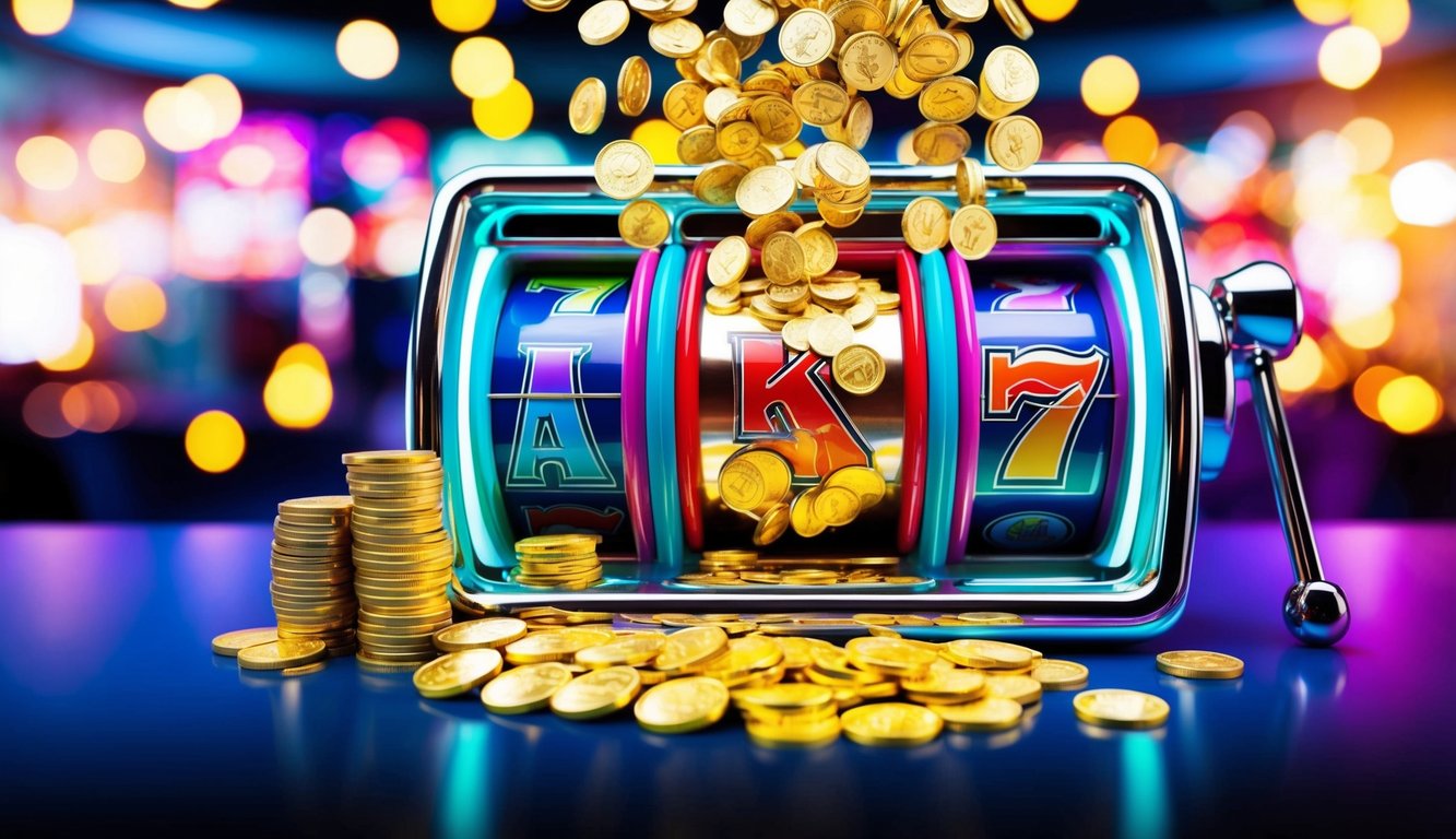 Sebuah mesin slot online yang berwarna-warni dan penuh semangat dikelilingi oleh lampu berkedip dan koin yang mengalir dari jackpot yang menang