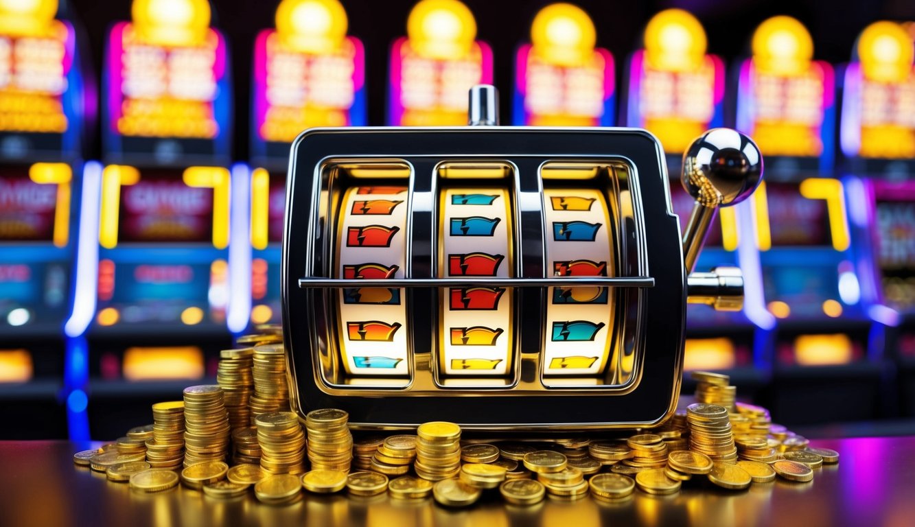 Mesin slot berwarna-warni dengan lampu berkedip dan gulungan berputar, dikelilingi oleh tumpukan koin emas dan hadiah jackpot yang melimpah