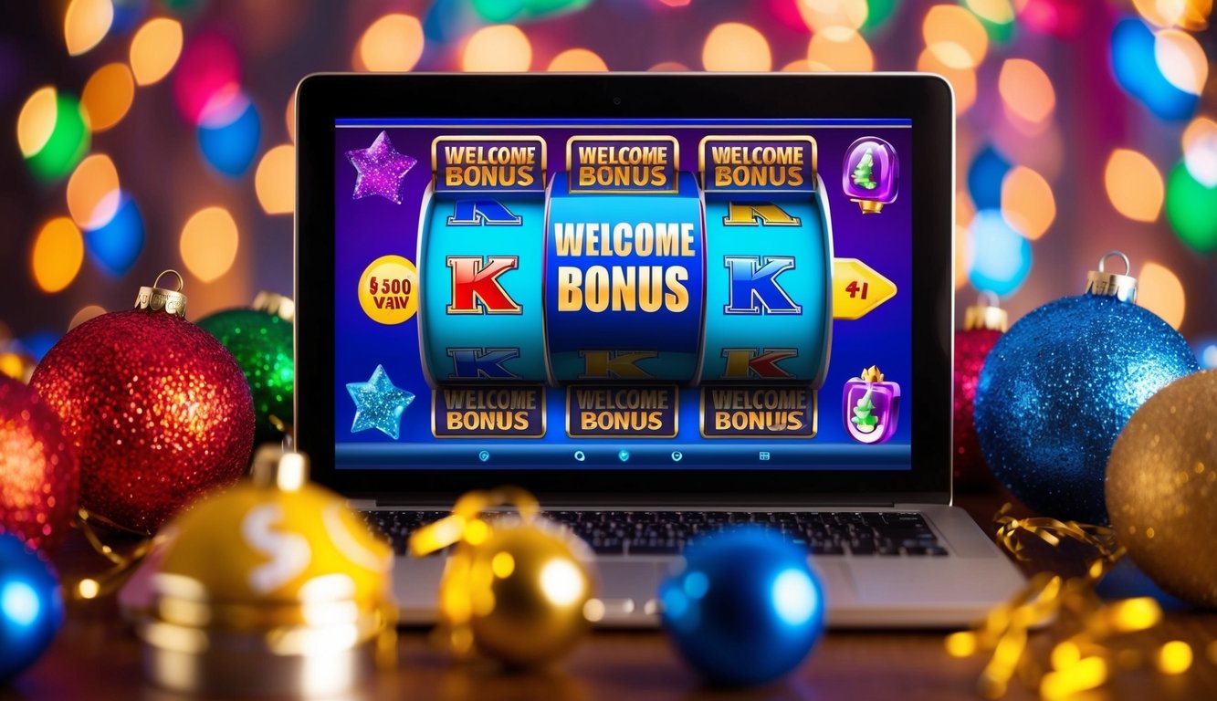 Sebuah mesin slot online berwarna-warni dikelilingi oleh dekorasi dan simbol yang meriah, dengan tawaran "Bonus Selamat Datang" yang ditampilkan di layar