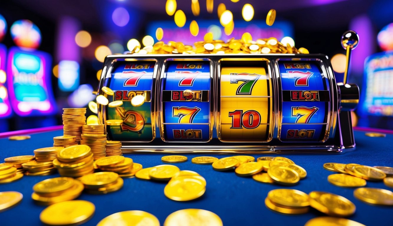 Sebuah mesin slot yang berwarna-warni dan cerah dikelilingi oleh lampu berkedip dan koin yang mengalir keluar saat jackpot dimenangkan