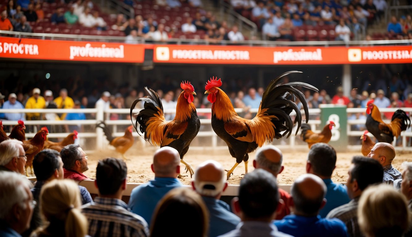 Sebuah arena yang ramai dengan ayam jantan yang bertarung, dikelilingi oleh penonton yang antusias