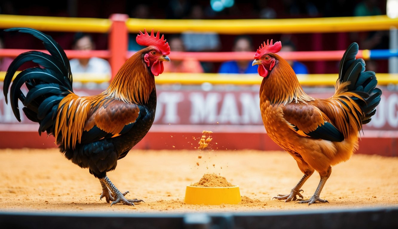 Seekor ayam jantan dan induk ayam berhadapan di arena Sabung Ayam tradisional, dengan fitur siaran langsung yang menangkap pertandingan yang intens.