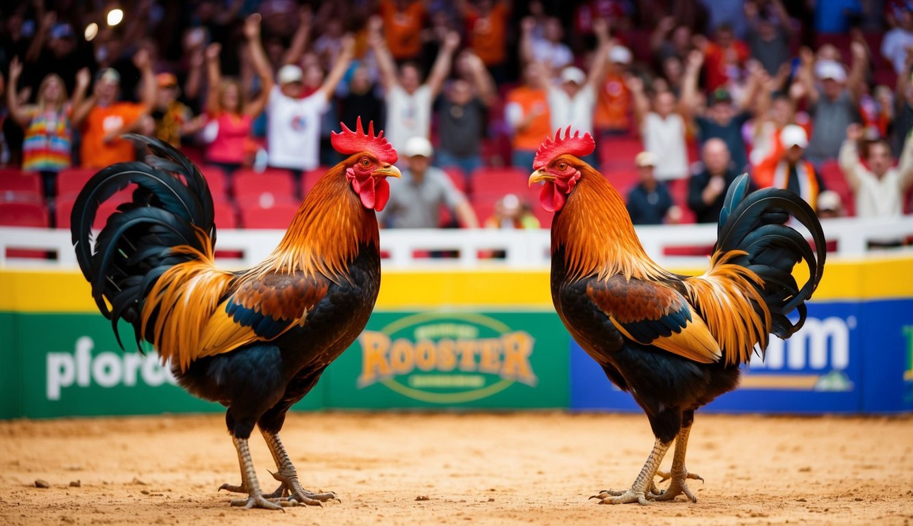 Dua ayam jantan berhadapan di arena yang ramai dan berwarna-warni, dikelilingi oleh penonton yang bersorak dan spanduk berwarna-warni.