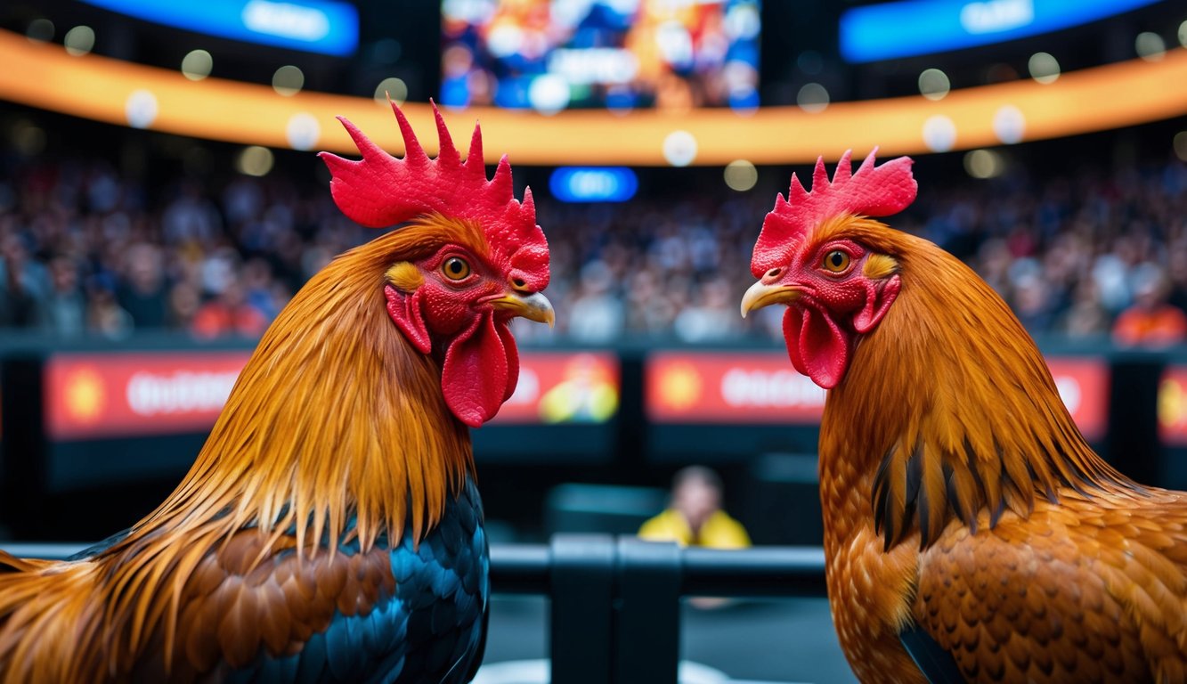 Seekor ayam jantan dan seekor ayam betina berhadapan di arena online yang ramai dan penuh warna dengan peluang tinggi