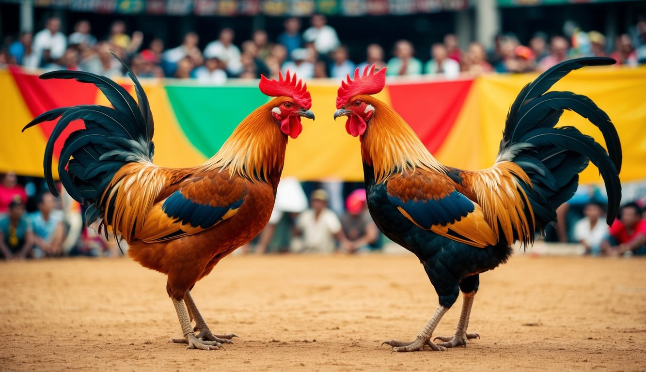 Dua ayam jantan berhadapan di arena sabung ayam tradisional Indonesia, dikelilingi oleh kerumunan yang bersorak-sorai dan spanduk berwarna-warni