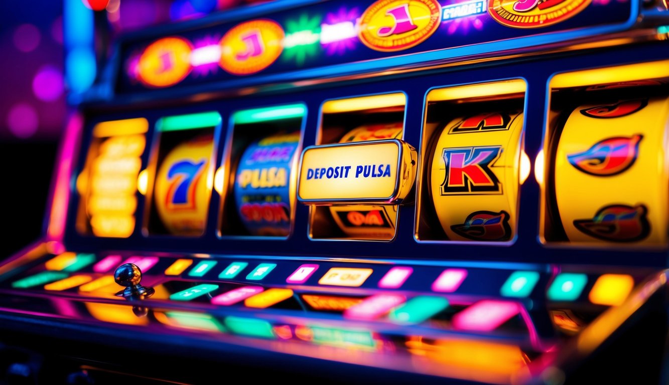 Sebuah mesin slot yang berwarna-warni dan cerah dengan tombol "deposit pulsa" yang bersinar dikelilingi oleh lampu berkedip dan gulungan yang berputar