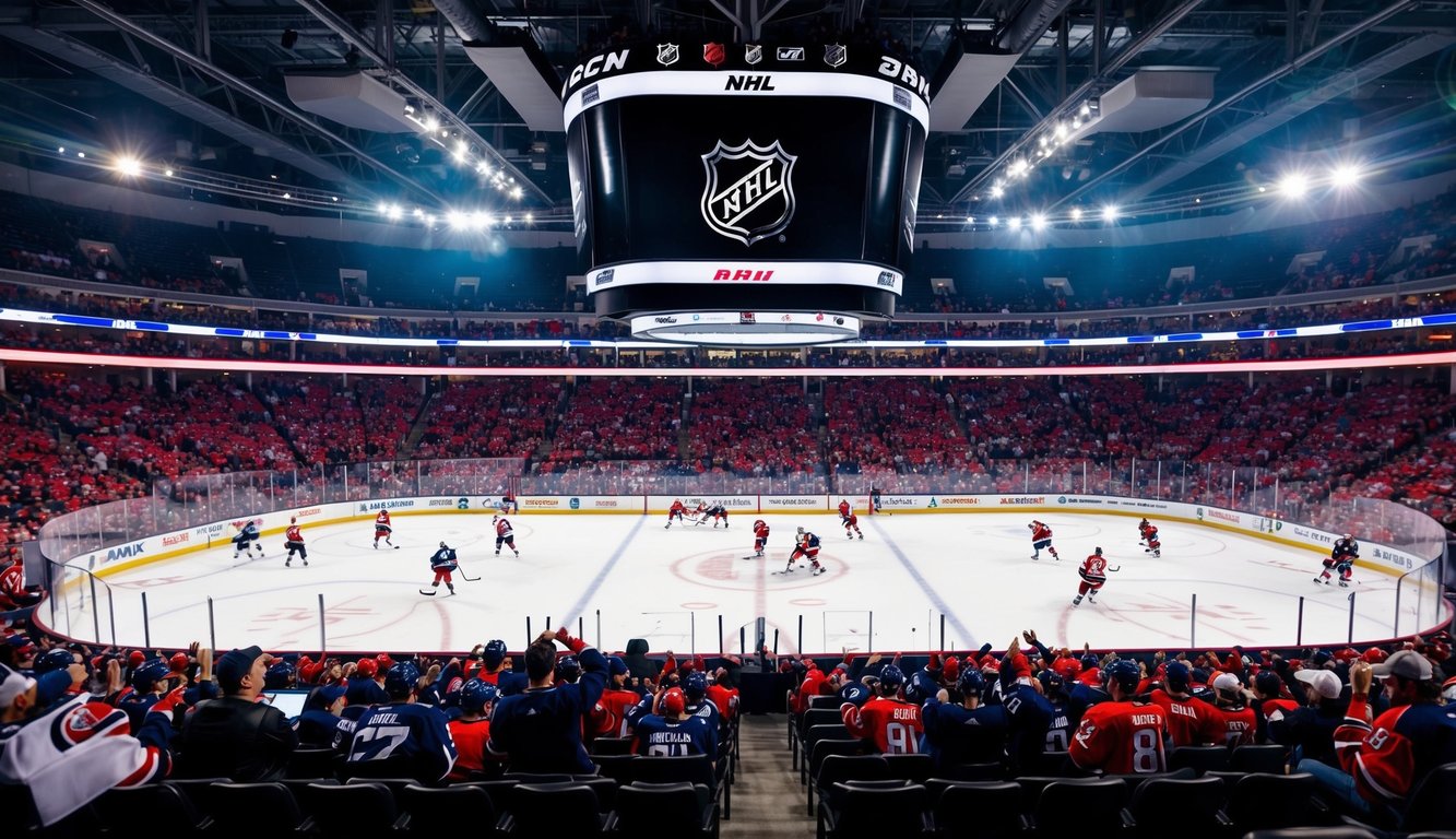 Sebuah arena hoki yang dipenuhi dengan penggemar yang bersorak, pemain yang beraksi di atas es, dan papan skor yang menampilkan logo NHL