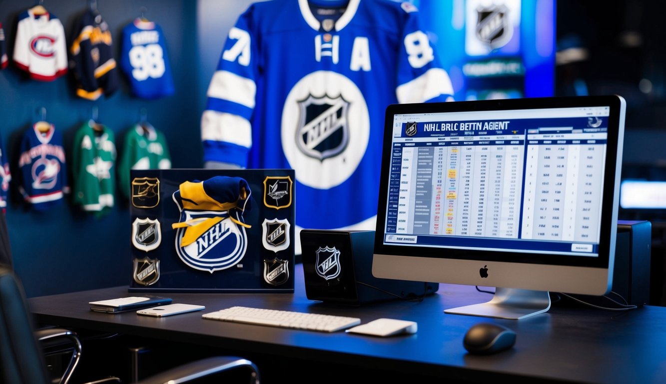 Kantor agen taruhan NHL dengan memorabilia hoki dan komputer yang menampilkan jadwal permainan dan peluang