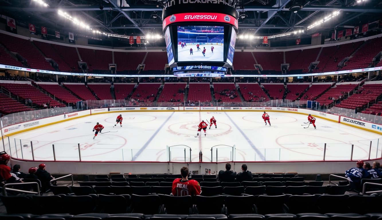 Sebuah arena hoki dengan pemain di atas es dan penggemar di tribun