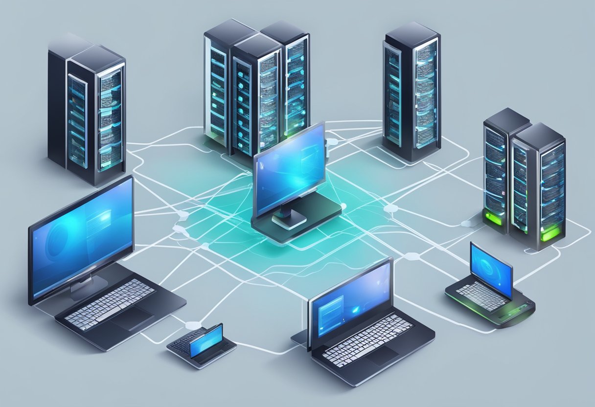 Un serveur d'hébergement web entouré de dispositifs interconnectés, des données circulant du serveur vers les dispositifs, illustrant le concept d'hébergement web et sa fonctionnalité.