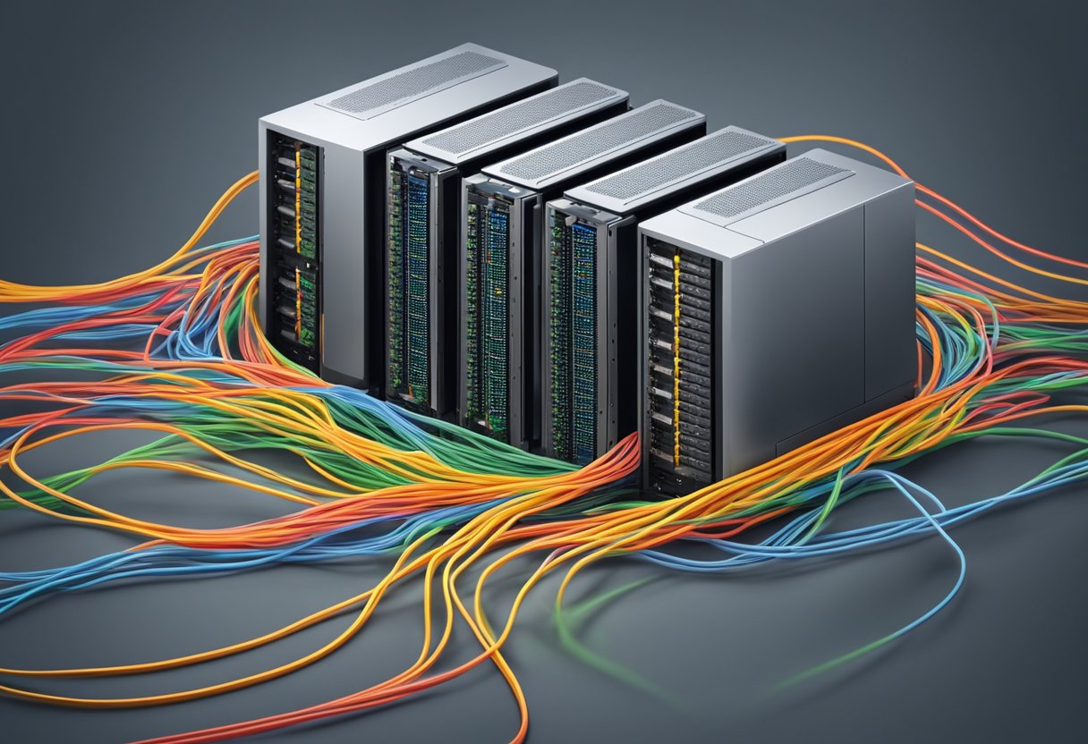 Un serveur informatique entouré de câbles réseau interconnectés, avec des données entrant et sortant, représentant le concept d'hébergement web et sa fonctionnalité.