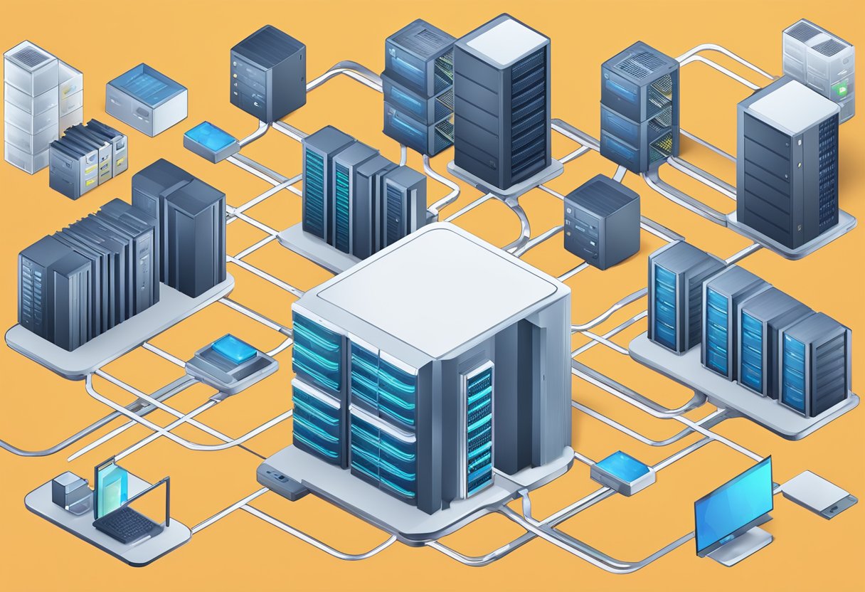 Un serveur d'hébergement web entouré de divers types d'hébergement, tels que des serveurs partagés, VPS et dédiés, avec des données circulant entre eux.