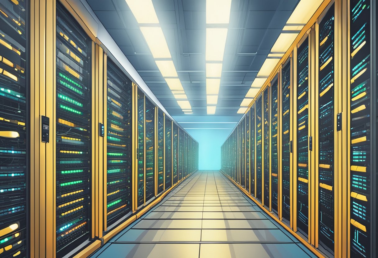 Une salle de serveurs remplie de rangées de racks informatiques et de câbles, avec des lumières clignotantes et des ventilateurs bourdonnants, illustrant le concept d'hébergement web.