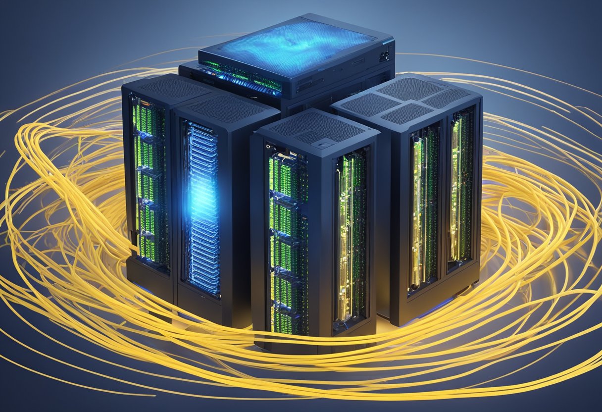 Un serveur informatique entouré de câbles réseau tourbillonnants, avec un nom de domaine lumineux flottant au-dessus de lui, et des informations DNS entrant dans le serveur