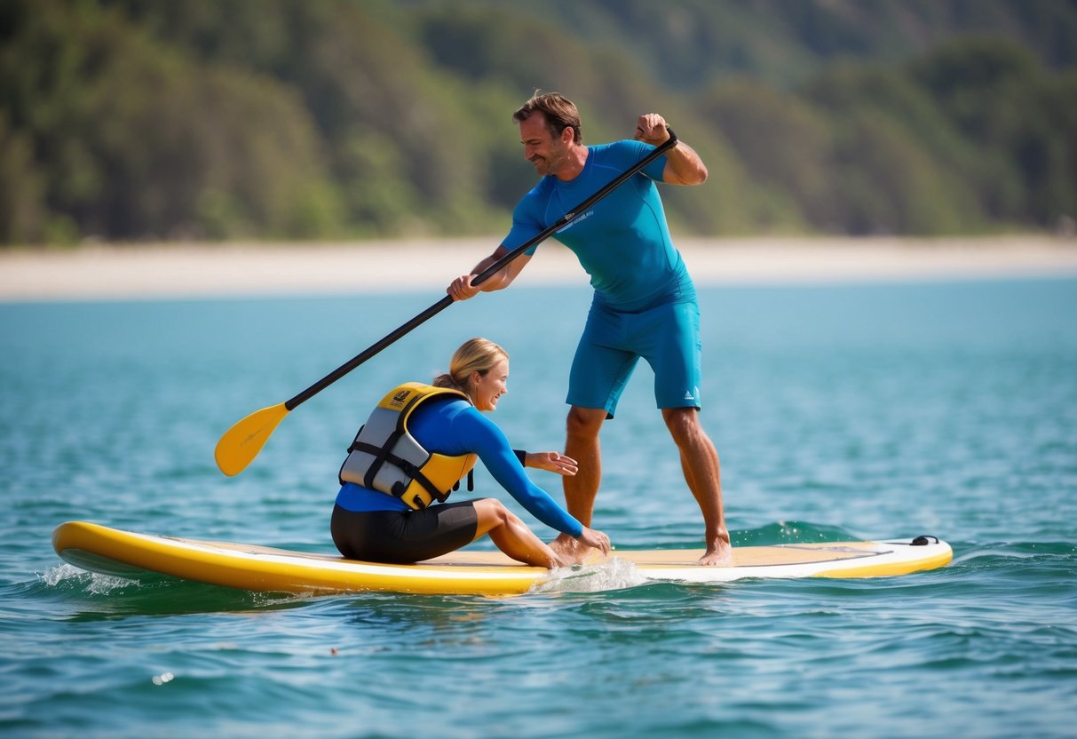 A paddleboarder rescues another from the water, using a long paddle to reach and pull them onto their own board