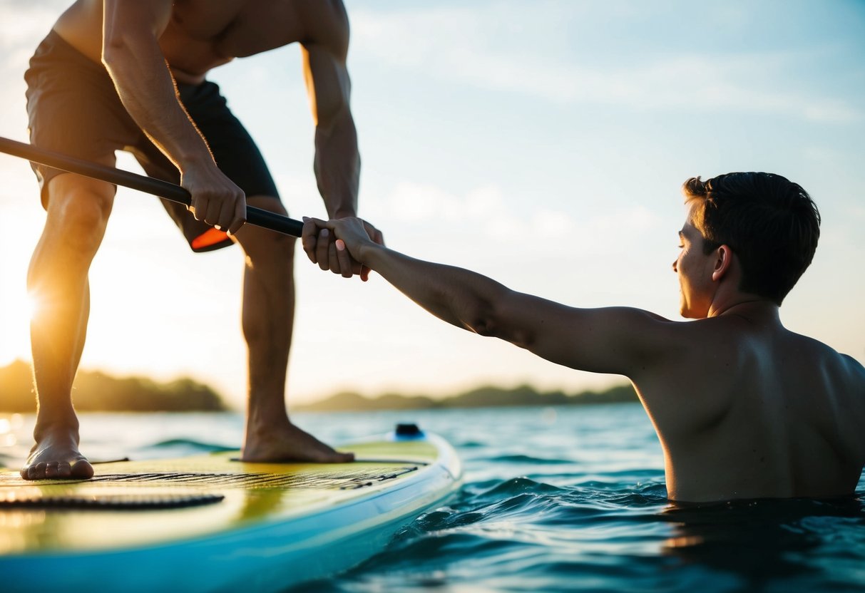 A person on a stand up paddleboard reaching out to help another person in the water