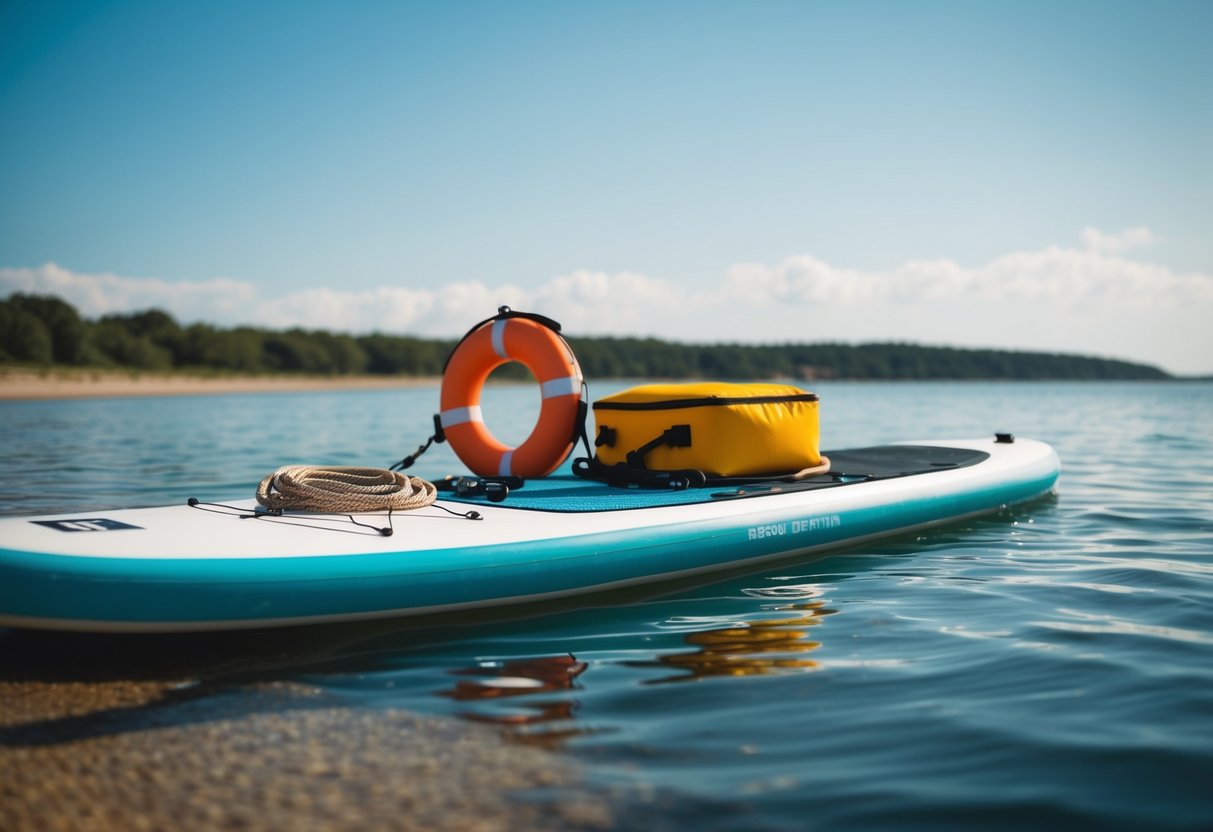 A stand-up paddleboard with rescue equipment, including a lifebuoy and rope, floating on calm water near a shoreline