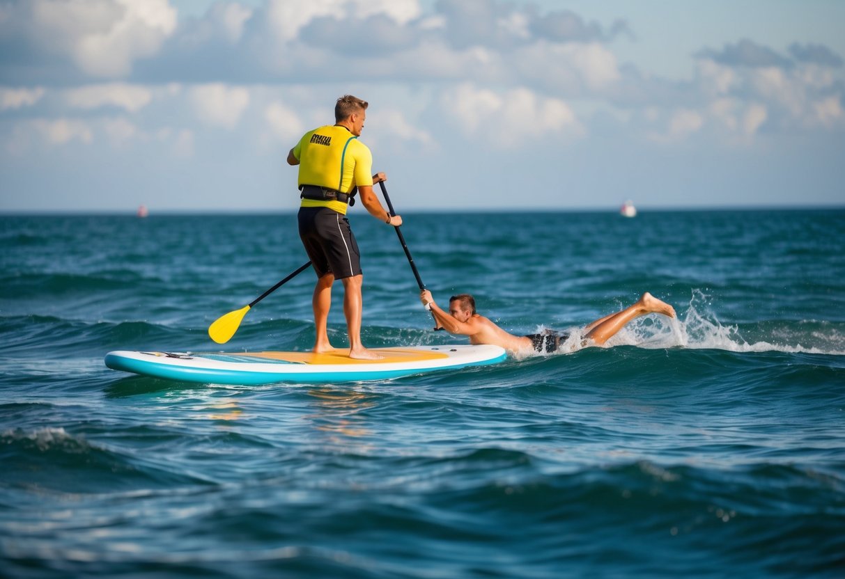 A lifeguard on a stand-up paddleboard rescues a struggling swimmer in choppy waters