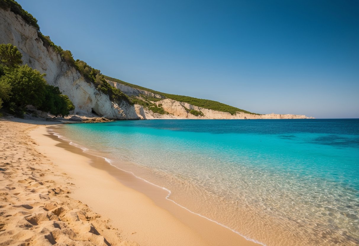 Crystal clear waters lap against golden sand, framed by rugged cliffs and lush greenery. A serene beach in Albania awaits under a bright blue sky
