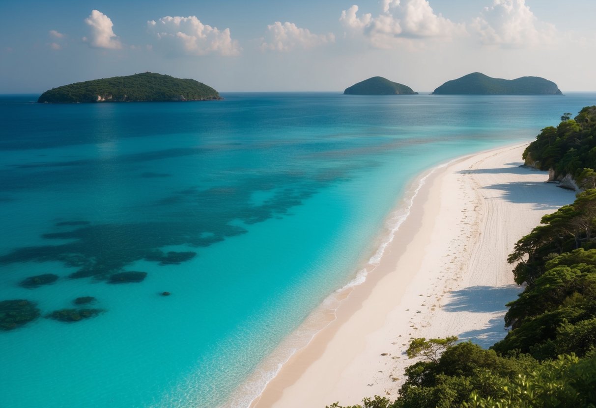 Crystal clear waters lap against white sandy shores at Ksamil Beach, with lush greenery and distant islands completing the picturesque scene