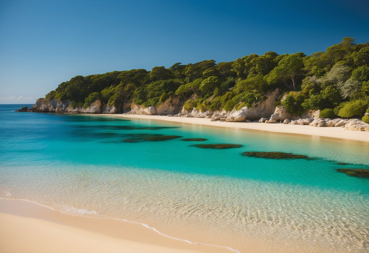 A serene beach with crystal-clear water, golden sand, and lush greenery along the coastline. Rocky cliffs and clear blue skies complete the picturesque scene