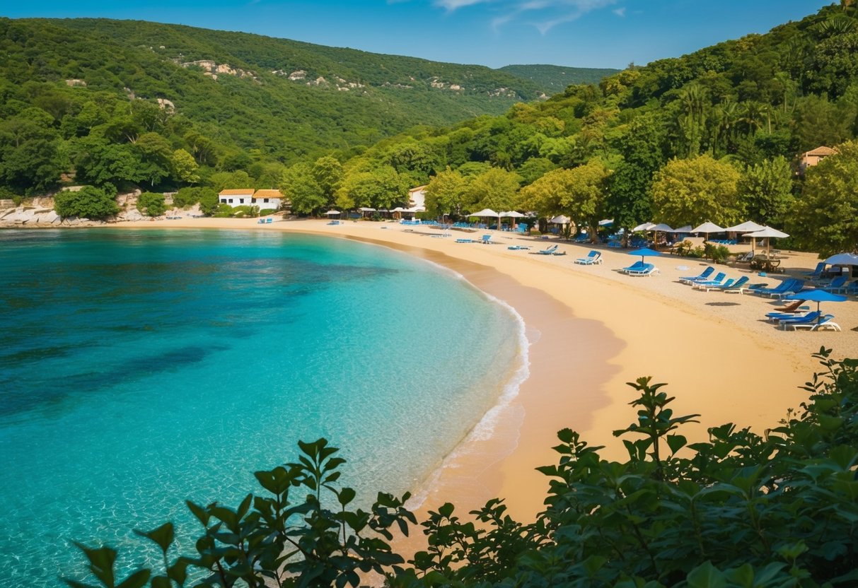 Golden sand, clear blue water, and lush greenery make up the picturesque Jale Beach in Albania. The sun shines down on the tranquil scene, inviting visitors to relax and enjoy the beauty of nature
