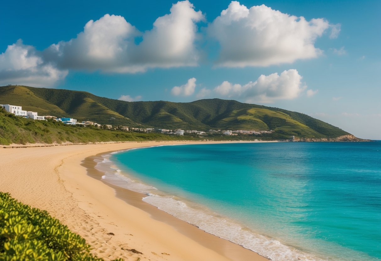The golden sand stretches along the turquoise waters of Himara Beach, with lush green hills in the background