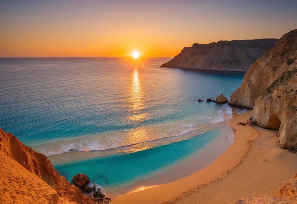 The sun sets over Gjipe Beach, casting a warm glow on the golden sand and crystal-clear waters, with rugged cliffs framing the picturesque scene