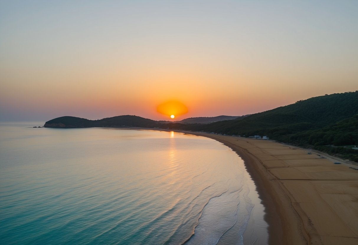 The sun setting over the calm turquoise waters of Borsh Beach, with golden sand stretching along the coastline and lush green hills in the background