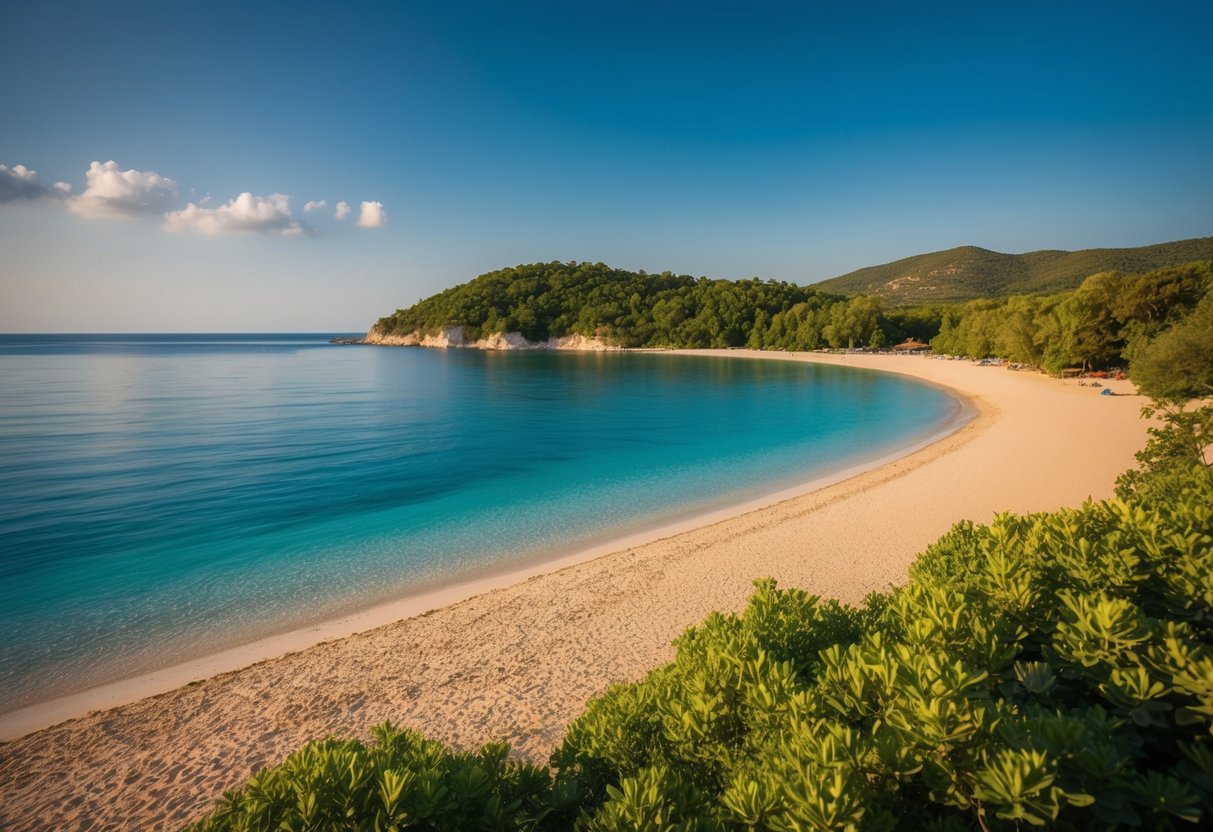 Golden sand, clear blue water, and lush greenery make up the picturesque Palasa Beach in Albania. The sun shines brightly over the tranquil coastline